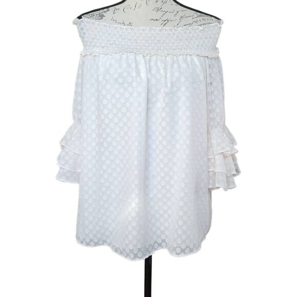 CeCe Women's Size Large Cream Ecru Dot Ruffle Sleeve Frilly Blouse - Picture 1 of 6